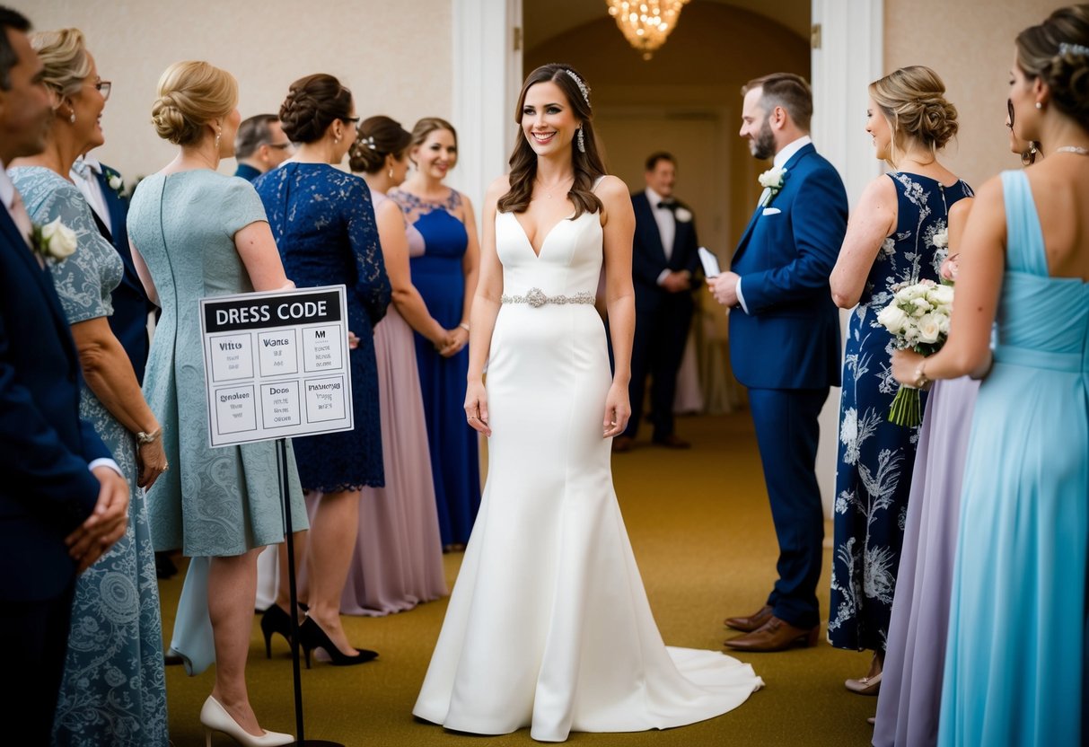 A woman in a floor-length dress stands among other wedding guests in various attire, while a sign with dress code guidelines hangs nearby