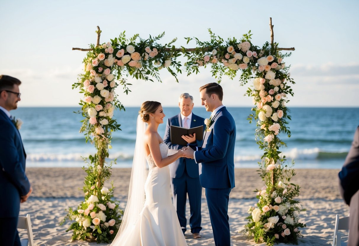 A beach wedding with a bride and groom exchanging vows under a floral arch, with the ocean in the background