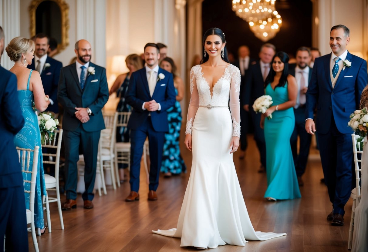 A woman in a floor-length dress stands in a wedding venue, surrounded by guests in formal attire. The setting is elegant and sophisticated, with ornate decor and a romantic ambiance