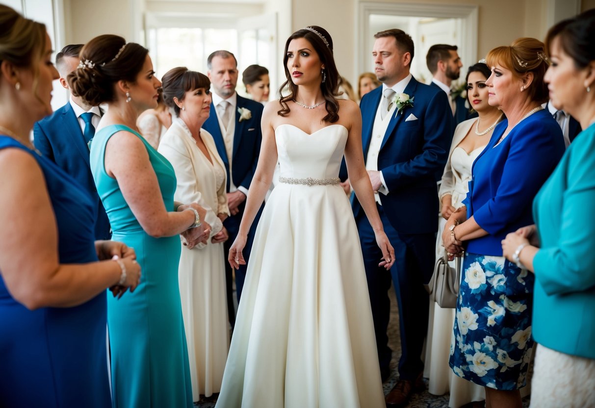 A woman in a floor-length dress stands among wedding guests, drawing disapproving glances from the bride and other attendees. The atmosphere is tense as the woman appears out of place in her attire