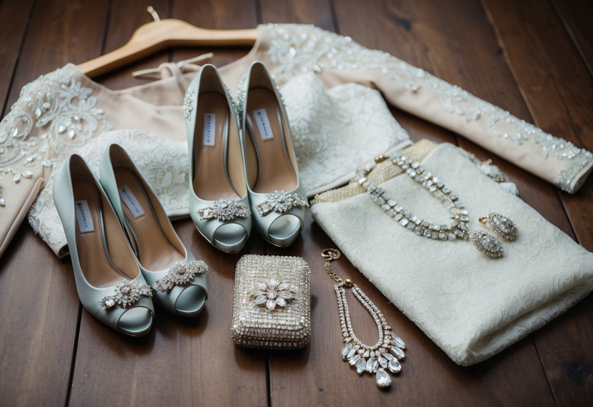 A mother of the bride outfit laid out with various accessories like jewelry, shoes, and a clutch, ready to be chosen