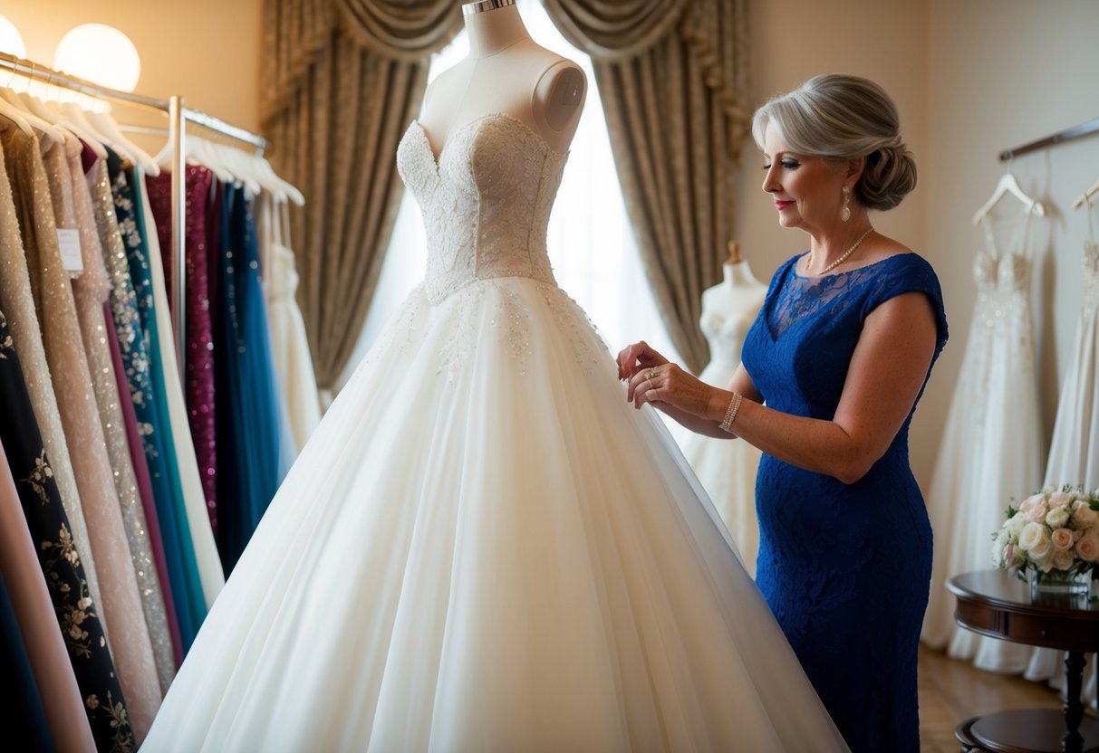 An elegant ball gown hangs on a mannequin, surrounded by soft lighting and luxurious fabric swatches, as a mature bride carefully considers her options
