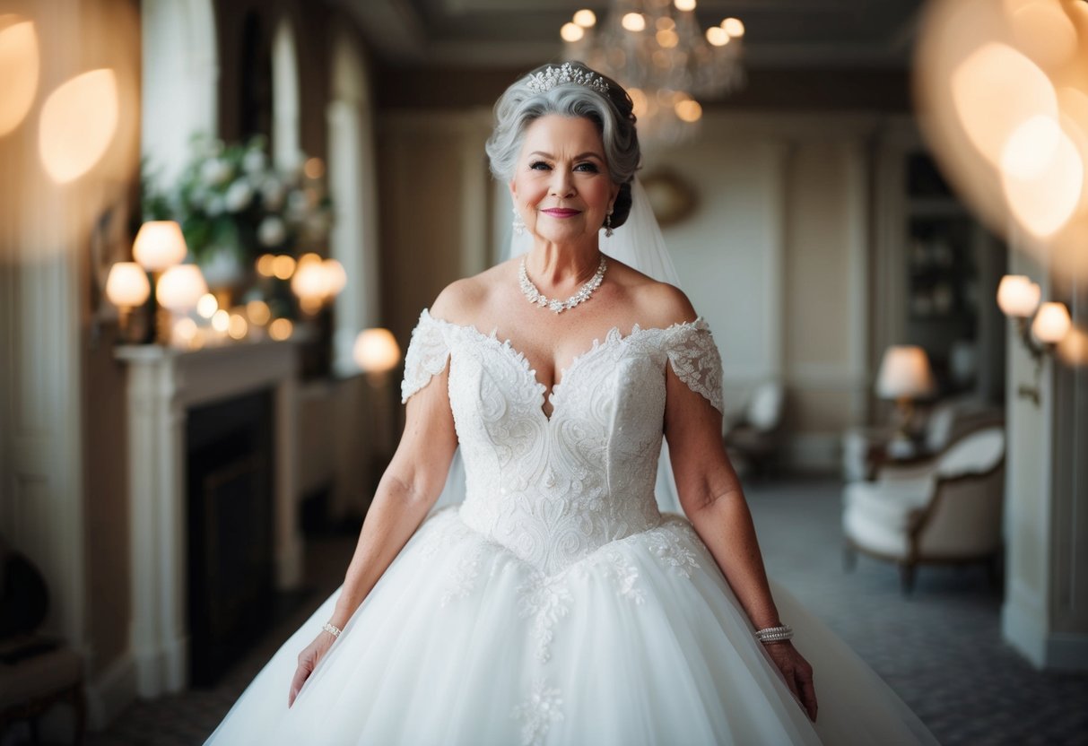 An older bride in a ball gown, adorned with elegant accessories and a sophisticated hairstyle, exudes timeless beauty and grace