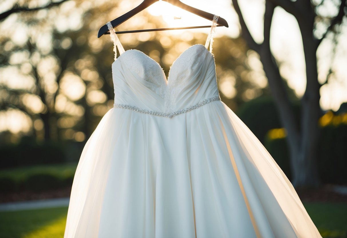 A wedding dress hangs loosely on a hanger, its size clearly too big for the intended wearer