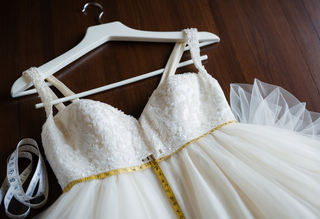 A bridal gown hanging on a hanger, with excess fabric pooling at the bottom, while a measuring tape lies nearby