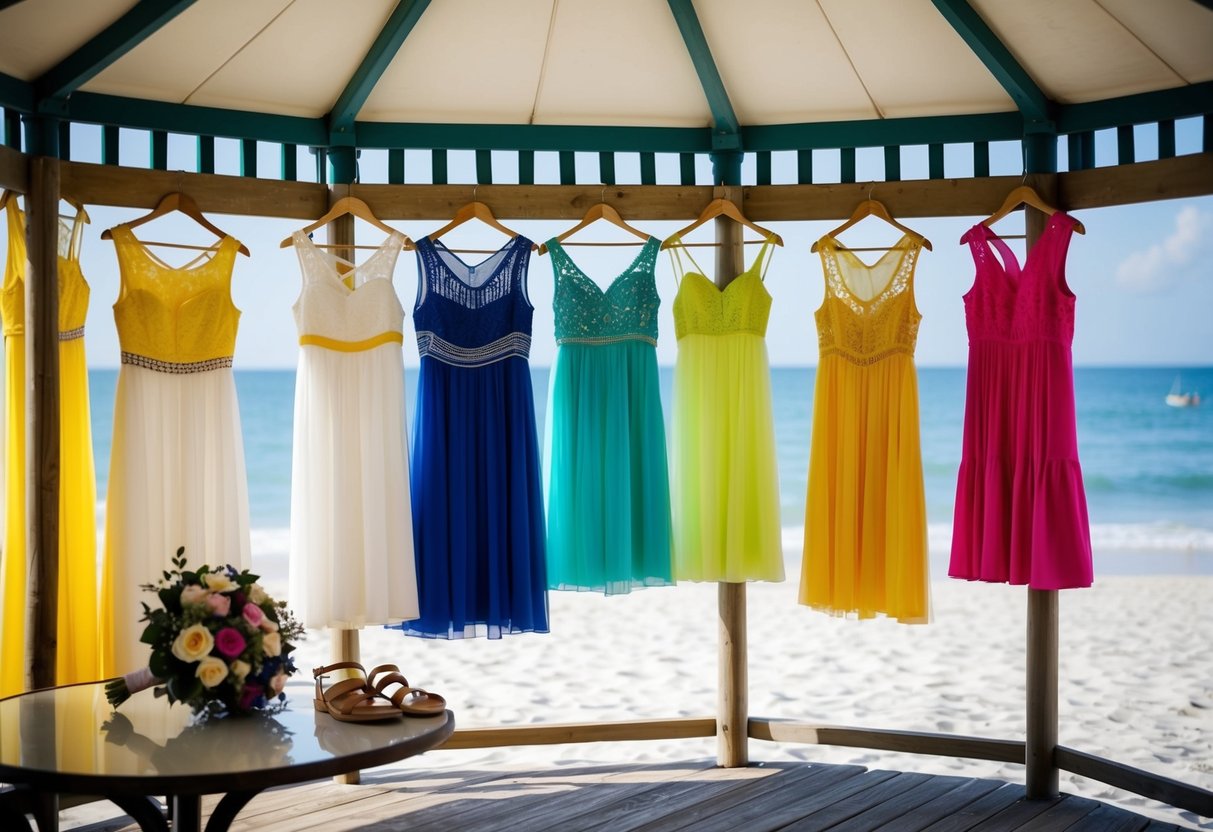 A group of colorful dresses hanging on a beachside gazebo, with a bouquet and sandals on a table nearby