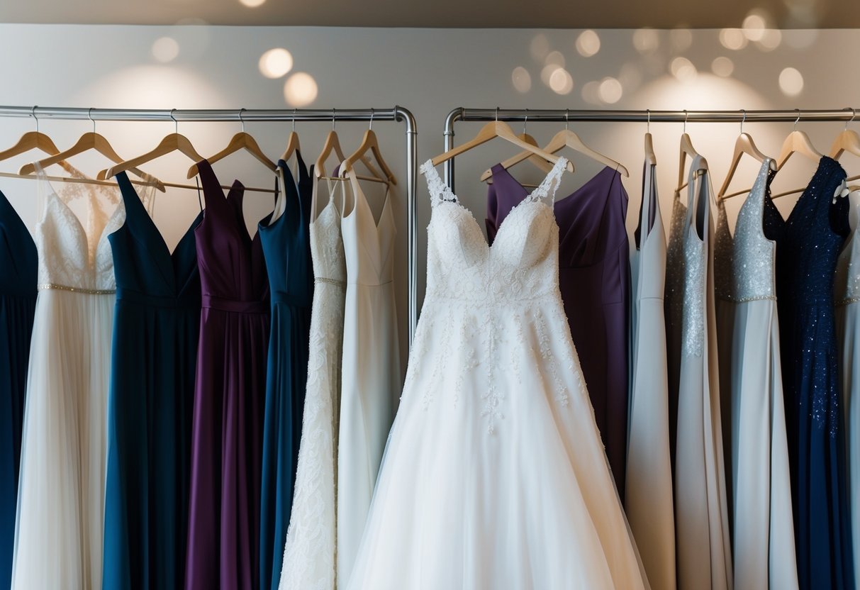 A rack of wedding dresses in various styles and sizes, with a larger dress standing out prominently