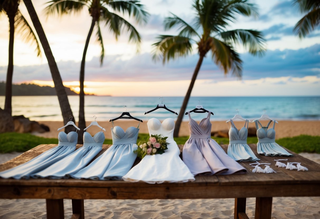 A scenic beach setting with palm trees and a sunset in the background, showcasing a collection of elegant bridesmaid dresses and accessories laid out on a rustic wooden table