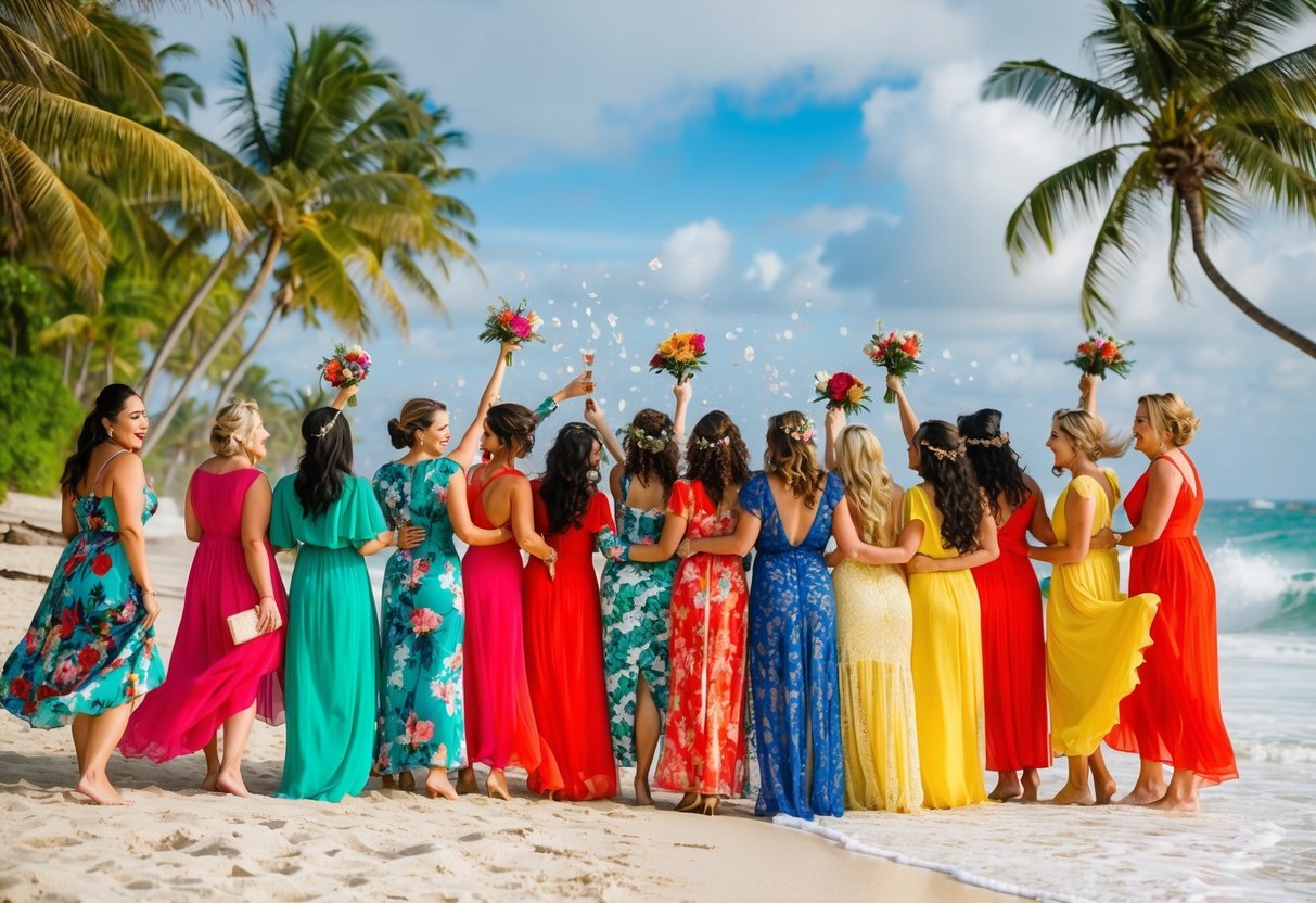 A group of women in colorful dresses gather for a pre-wedding celebration on a tropical beach. They are surrounded by palm trees and the sound of crashing waves