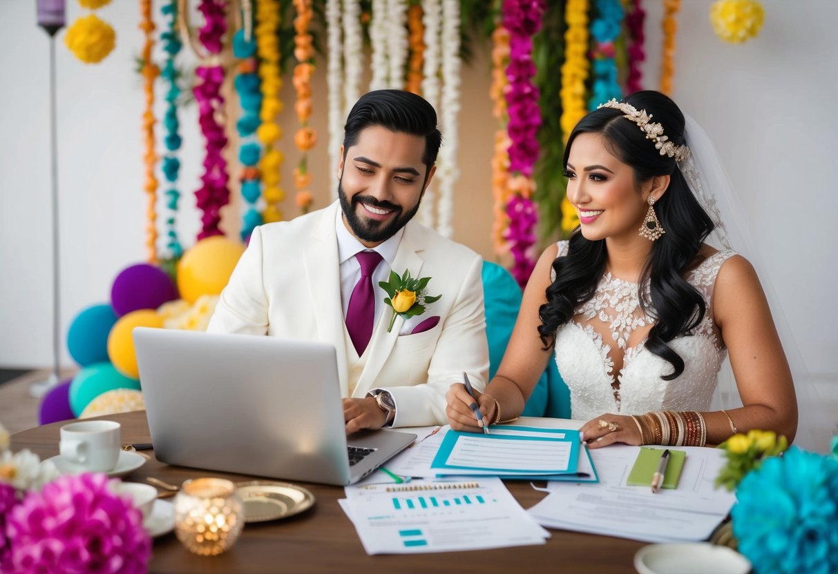 A bride and groom sit at a table with a laptop and wedding planning materials, surrounded by colorful destination wedding decor. They communicate with vendors and review budget details