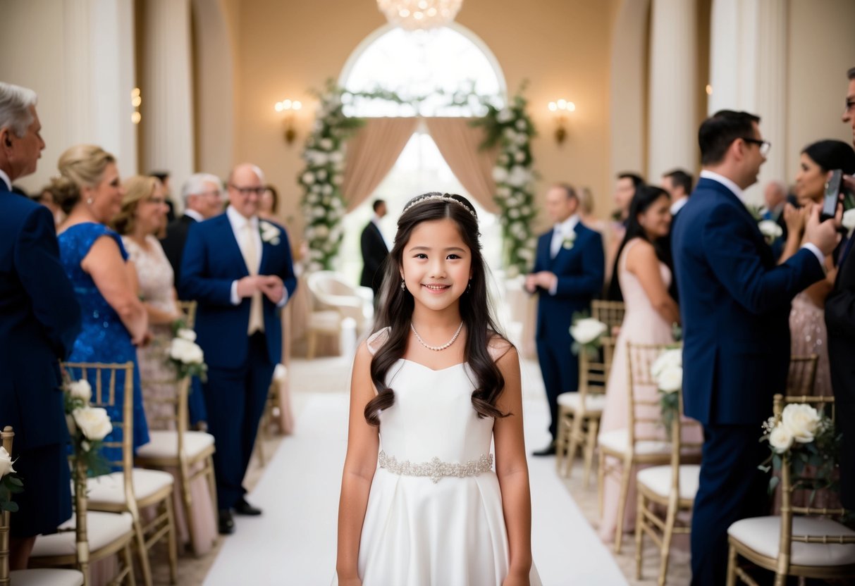 A 13-year-old in a white dress at a wedding, surrounded by elegant decor and guests in formal attire