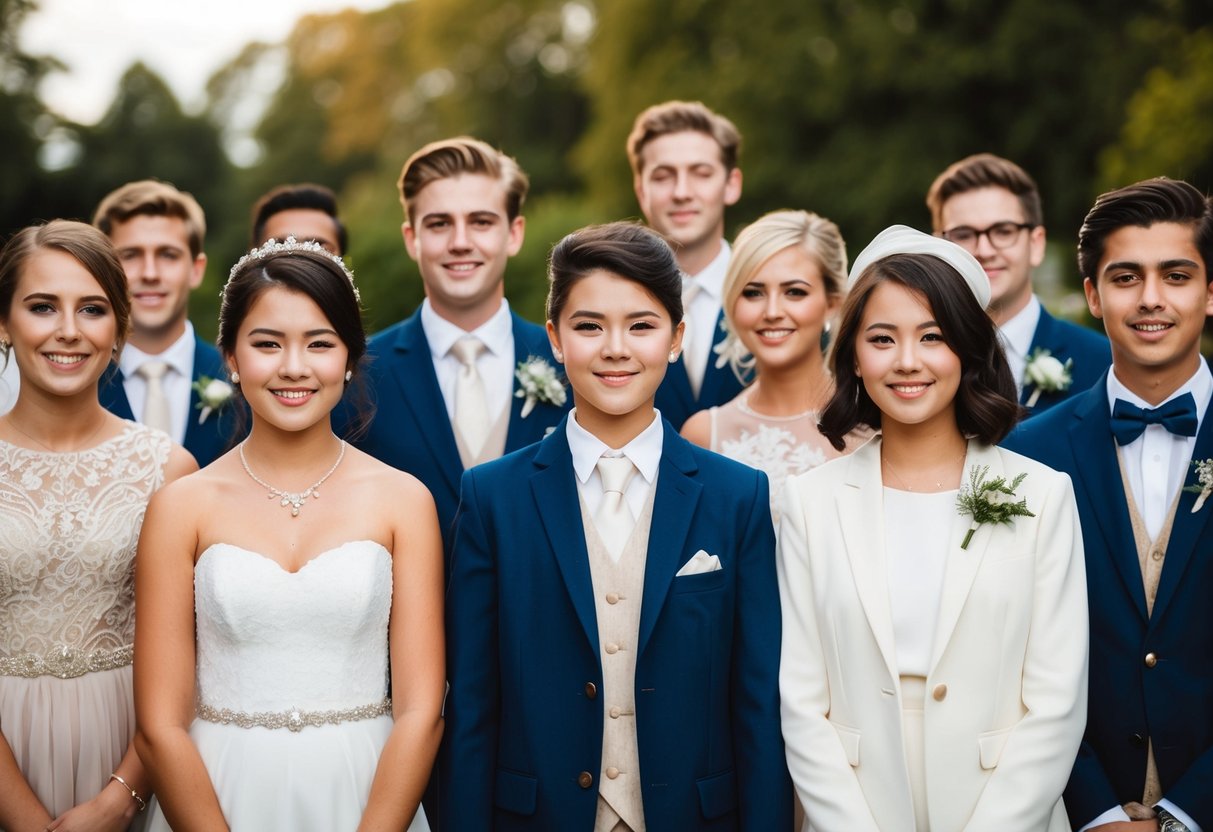 A group of young wedding guests in stylish attire, with a 13-year-old wearing a tasteful outfit in a color other than white