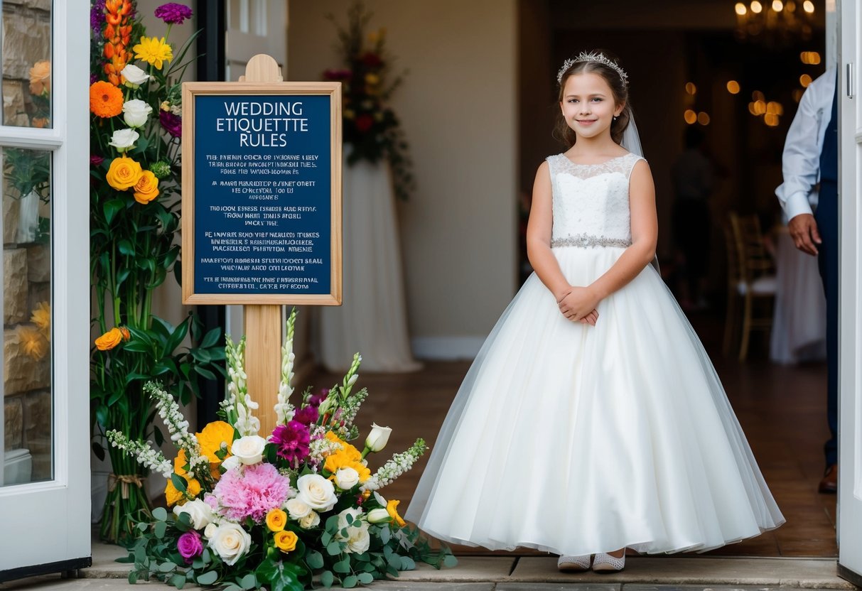 A 13-year-old girl in a white dress stands at the entrance of a wedding venue, surrounded by colorful flowers and a sign with wedding etiquette rules