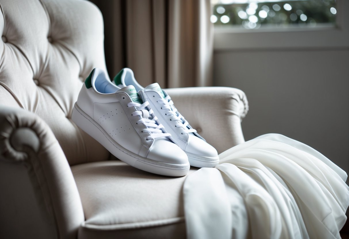 A pair of white sneakers sits next to a soft, flowing white dress on a plush chair