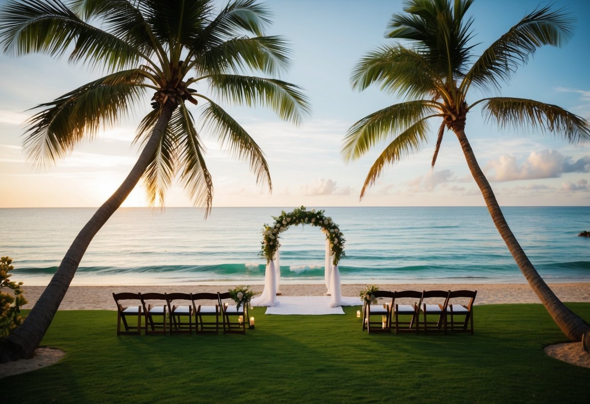 A tropical beach with palm trees and a wedding arch overlooking the ocean