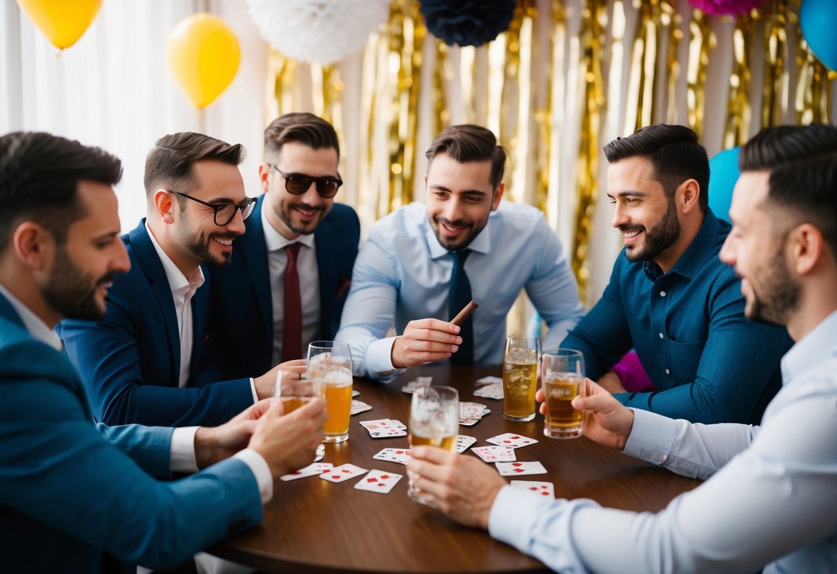 A group of men gathered around a table with drinks, cigars, and playing cards, with party decorations in the background