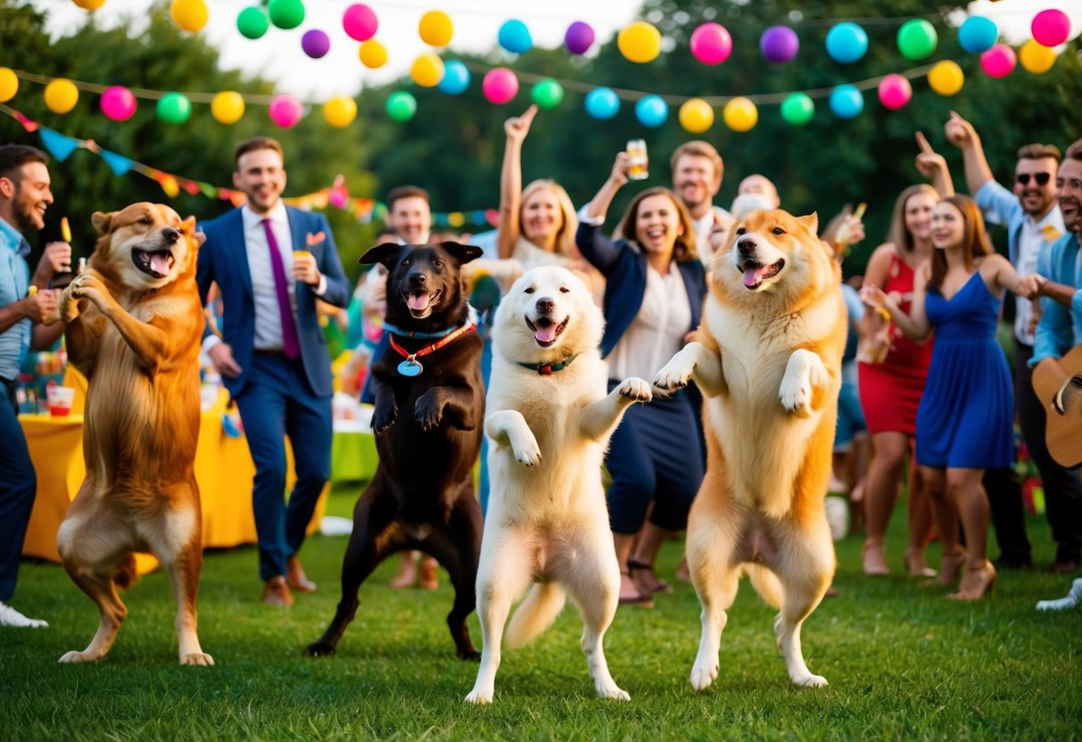 A lively outdoor party with both male and female animals celebrating together with music, dancing, and games