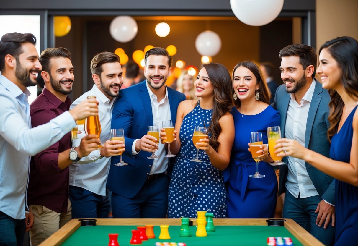A group of men and women celebrate together at a combined bachelor and bachelorette party, enjoying drinks and games in a lively atmosphere