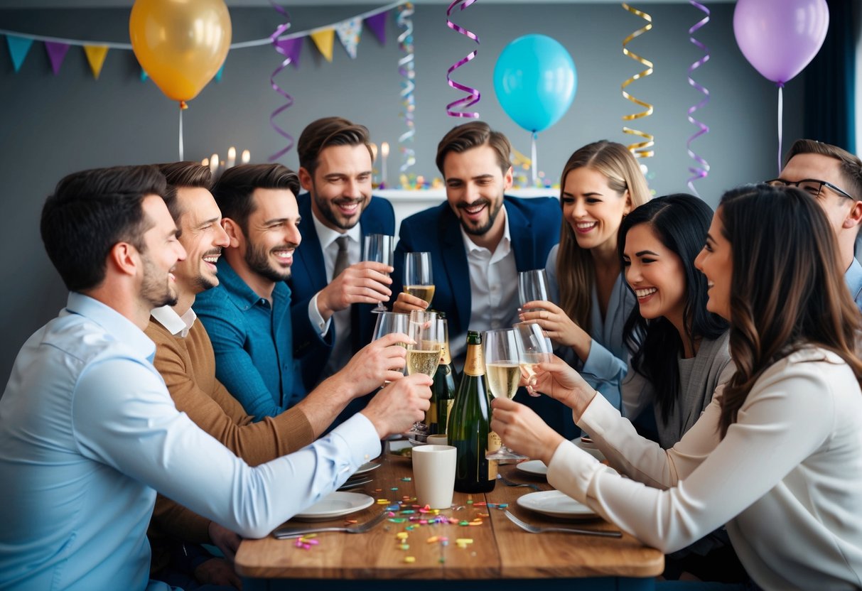 A group of men and women gather around a table, clinking glasses and laughing together. Streamers and balloons decorate the room, creating a festive atmosphere