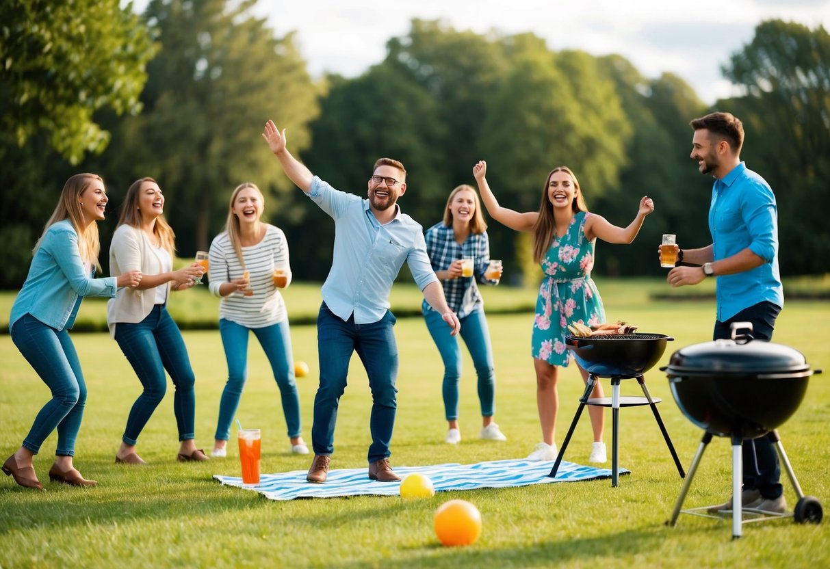 A group of people playing outdoor games, laughing and cheering, with a BBQ and drinks set up nearby