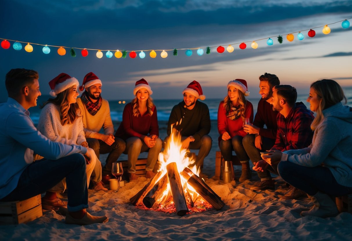 A group of friends and family gather around a bonfire on the beach, with colorful decorations and festive music filling the air