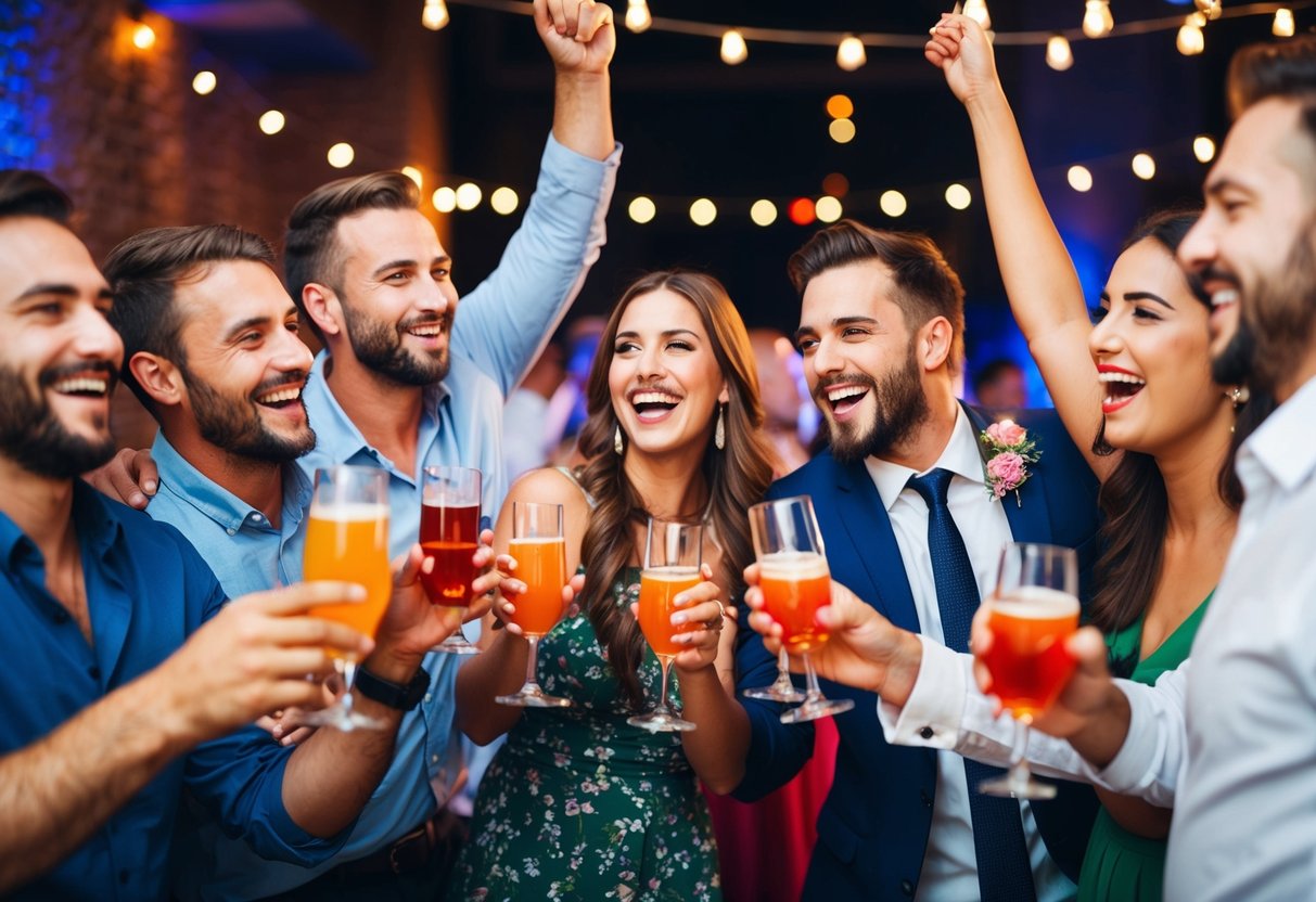 A group of people celebrating with drinks and music at a lively bachelor party