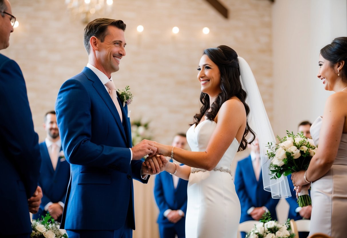 A well-dressed figure standing at the front of a wedding ceremony, holding the bride's ring and smiling warmly