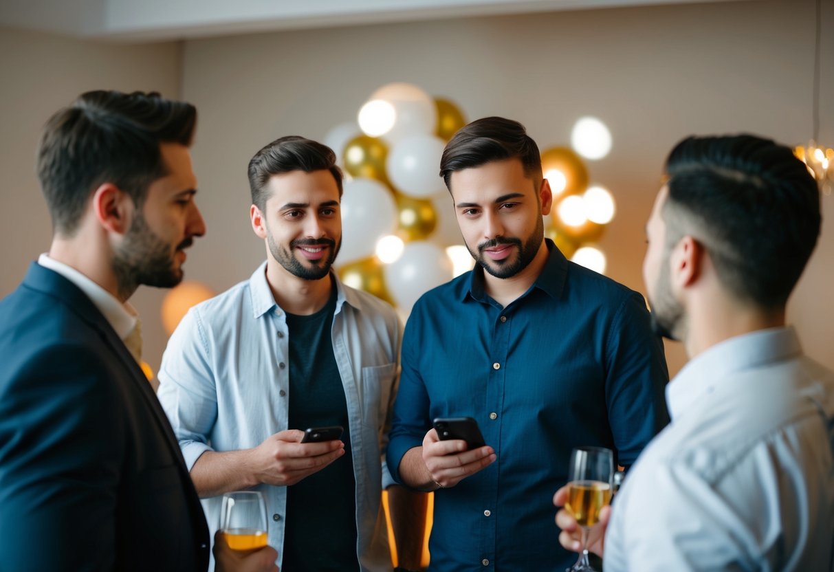 A group of men discussing party plans, one holding a phone