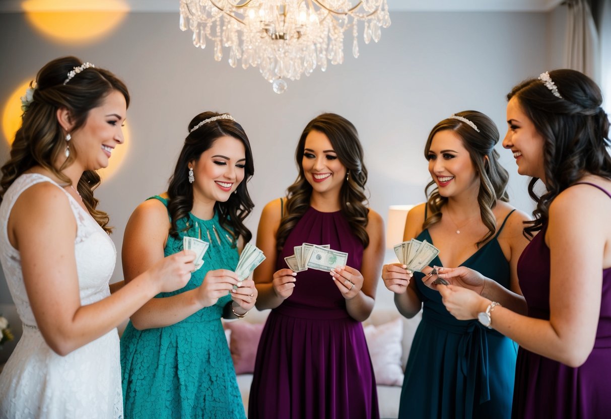 A group of bridesmaids pooling money for a bachelorette party, exchanging cash and planning activities