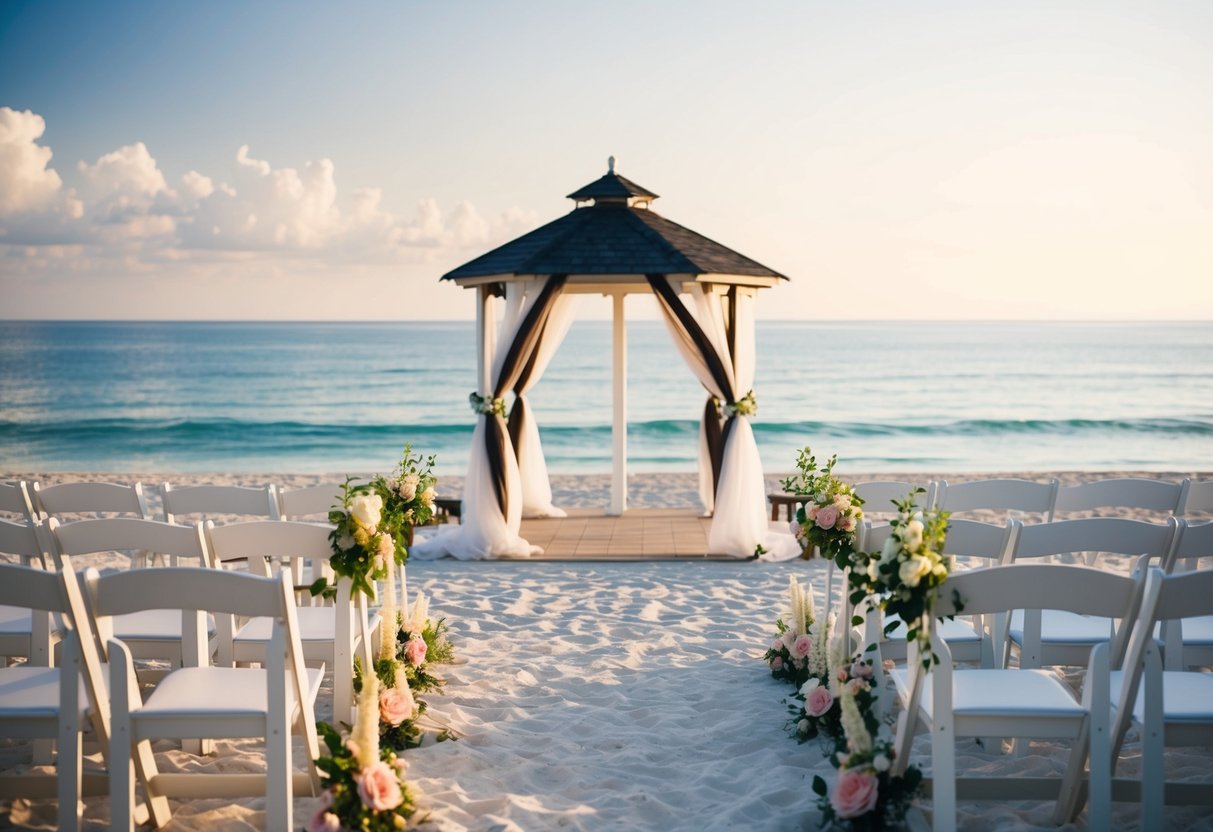 A beach wedding setup with a gazebo, chairs, and flowers overlooking the ocean