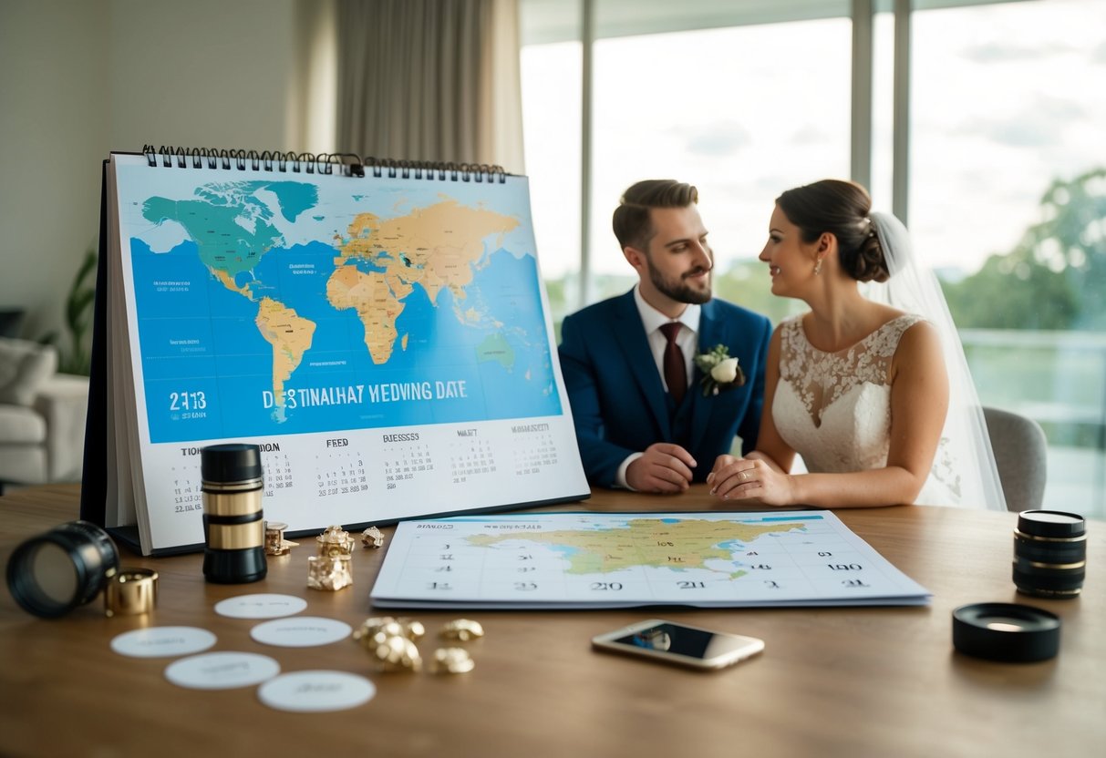 A calendar with a map and destination wedding essentials scattered around, with a couple discussing and deciding on a wedding date