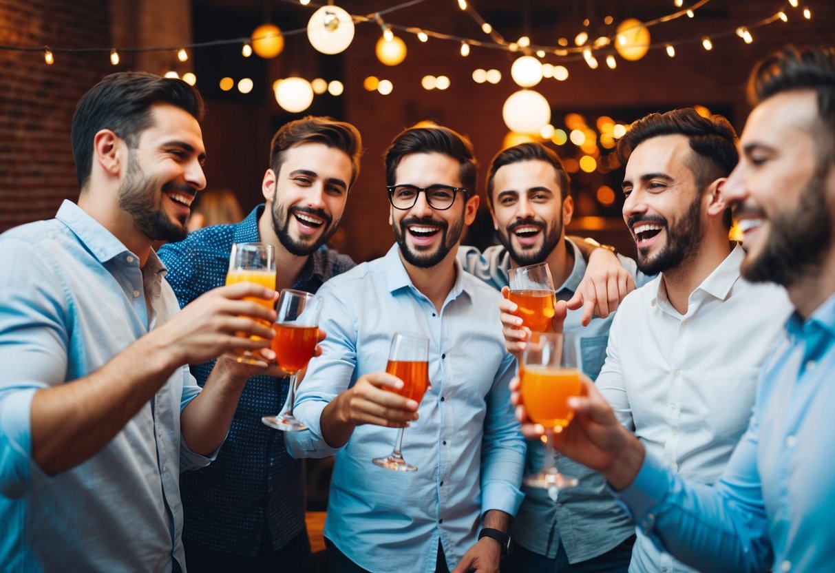 A group of men celebrating with drinks and music in a lively setting
