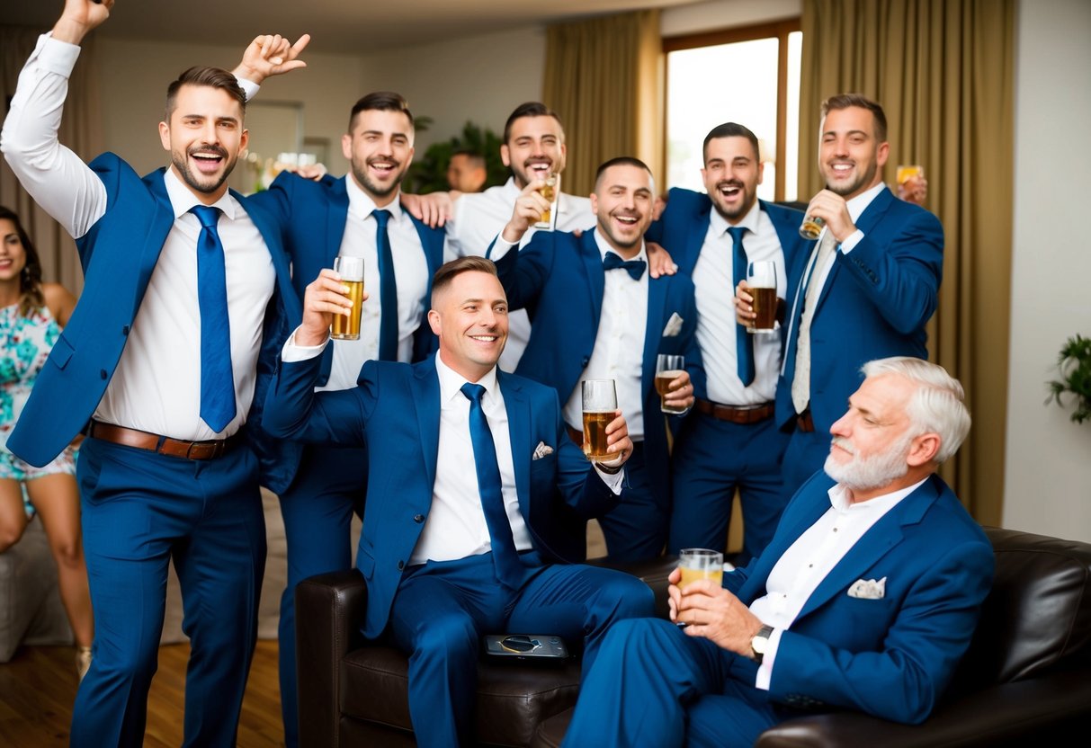 A group of men celebrating at a bachelor party, with one man noticeably absent. The groom's father sits at home, sipping a drink and watching TV