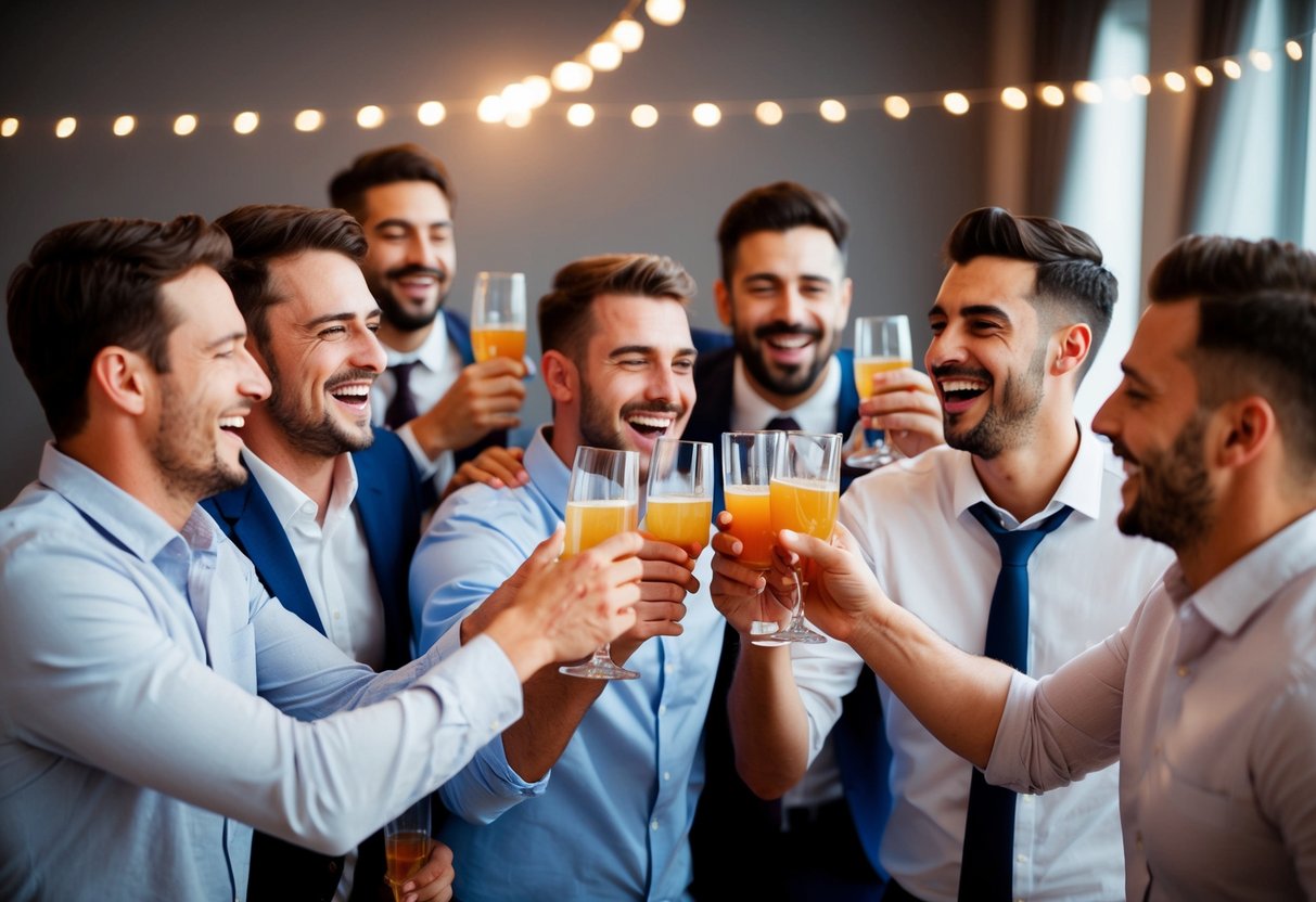 A group of men laughing and toasting with drinks at a lively bachelor party