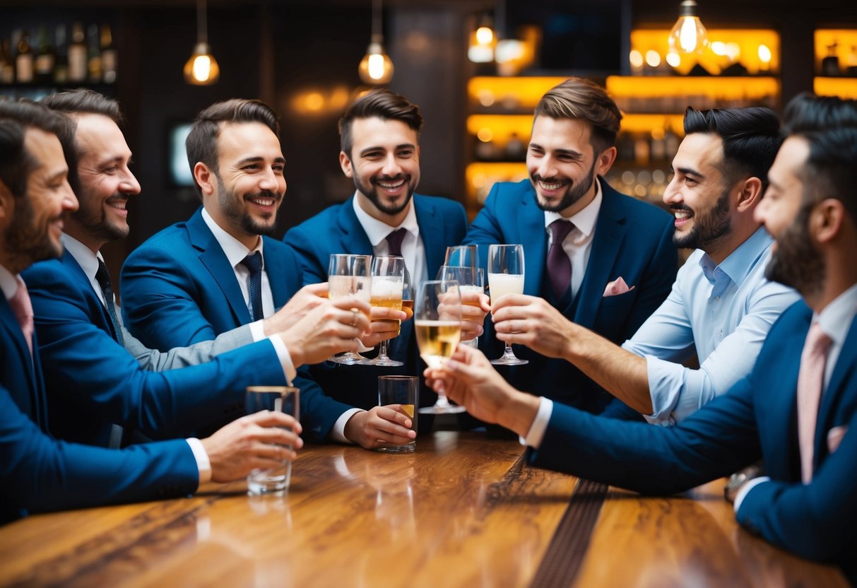 A group of men gathering at a bar, clinking glasses and laughing as they celebrate the upcoming wedding
