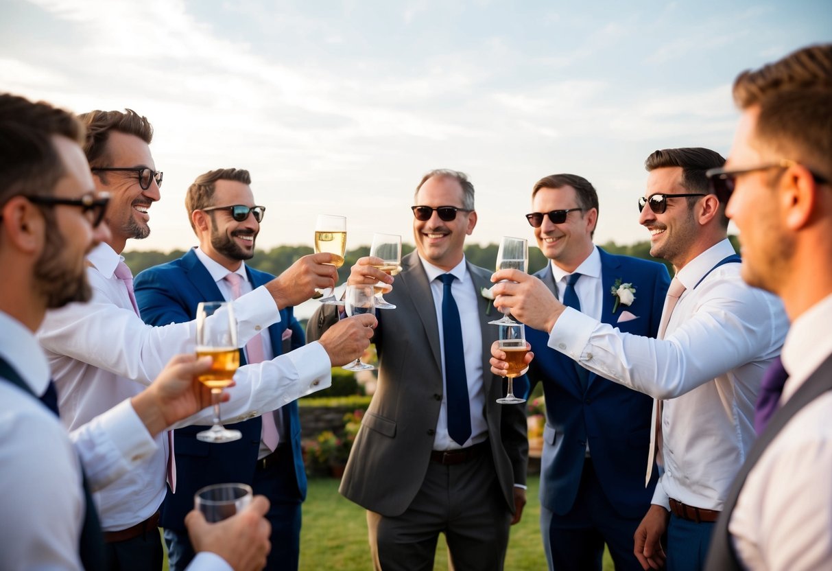 A group of men raising their glasses in a toast, with the father of the bride standing among them, smiling and enjoying the bachelor party festivities