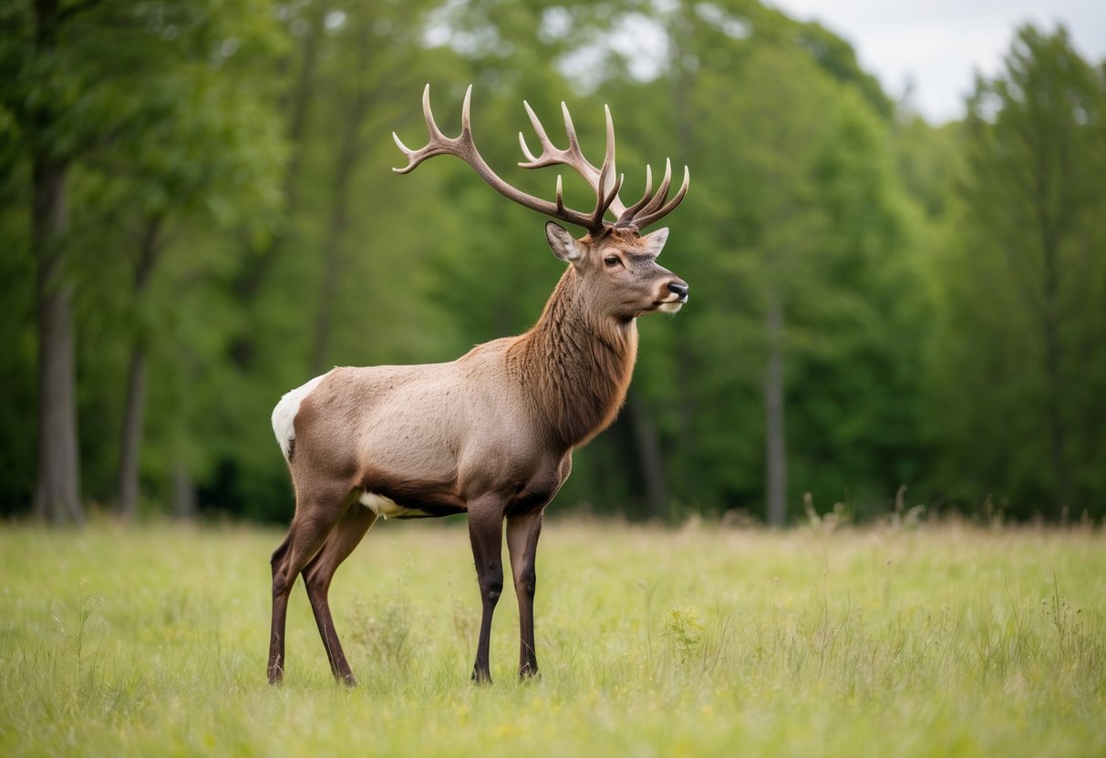 A majestic stag stands proudly in a lush, green forest clearing, its antlers reaching towards the sky