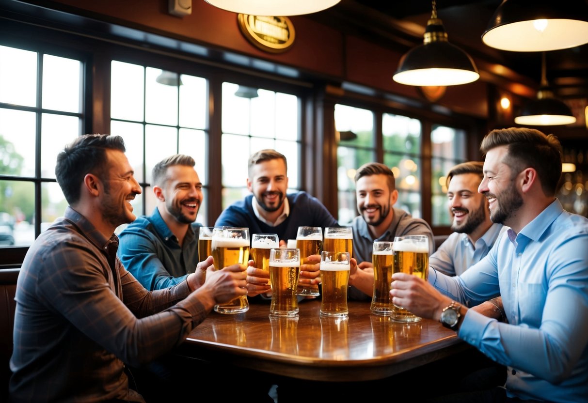 A group of men gathered around a pub table, laughing and raising pints of beer in celebration