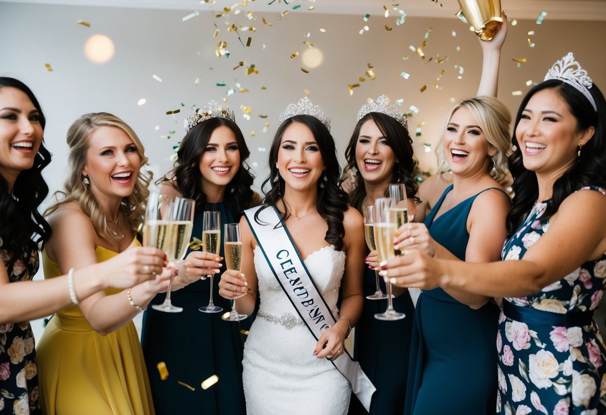 A group of women celebrating with champagne, confetti, and a bride-to-be wearing a sash and tiara