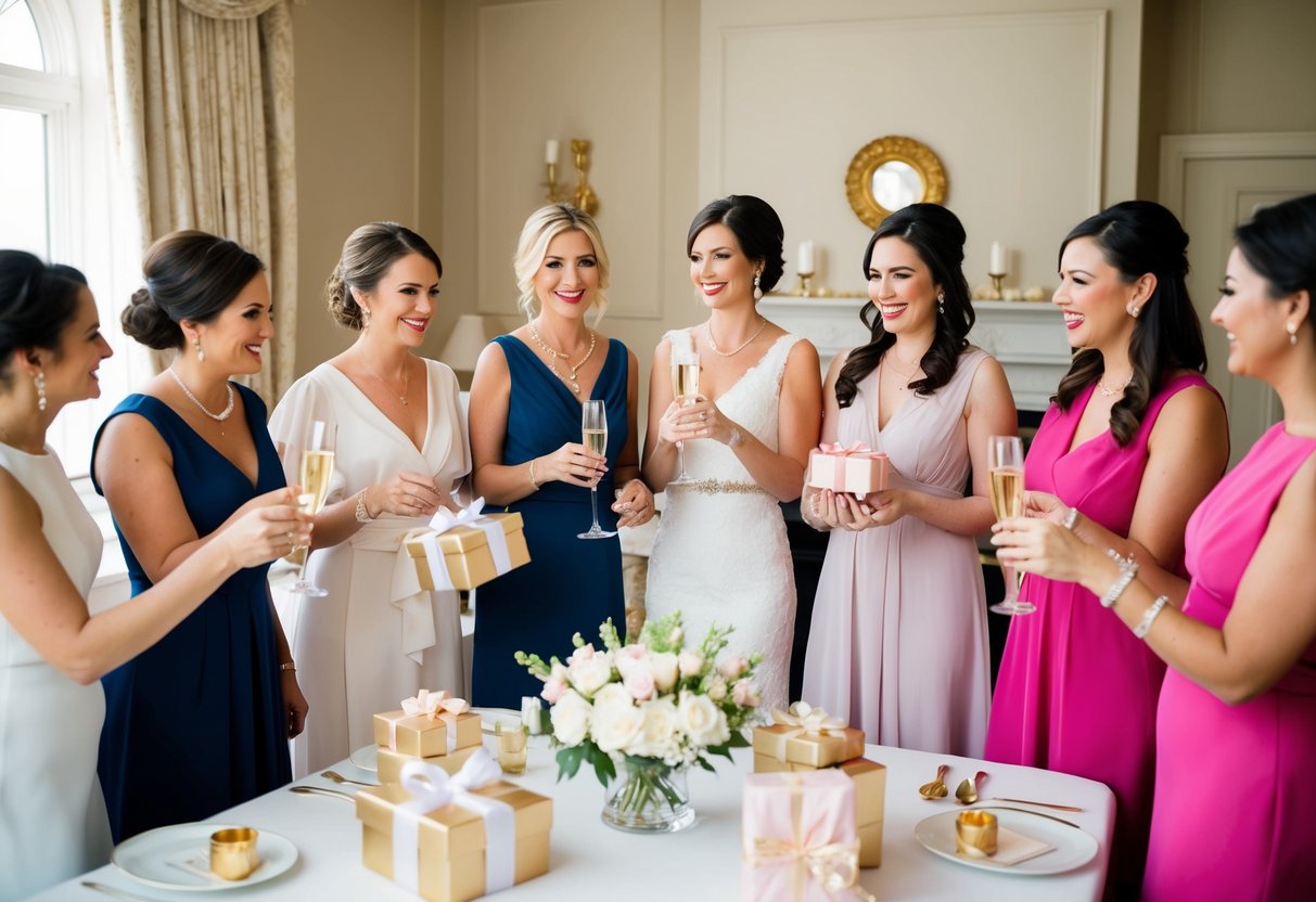 A group of women in elegant attire gather for a bridal shower, sipping champagne and exchanging gifts in a tastefully decorated room