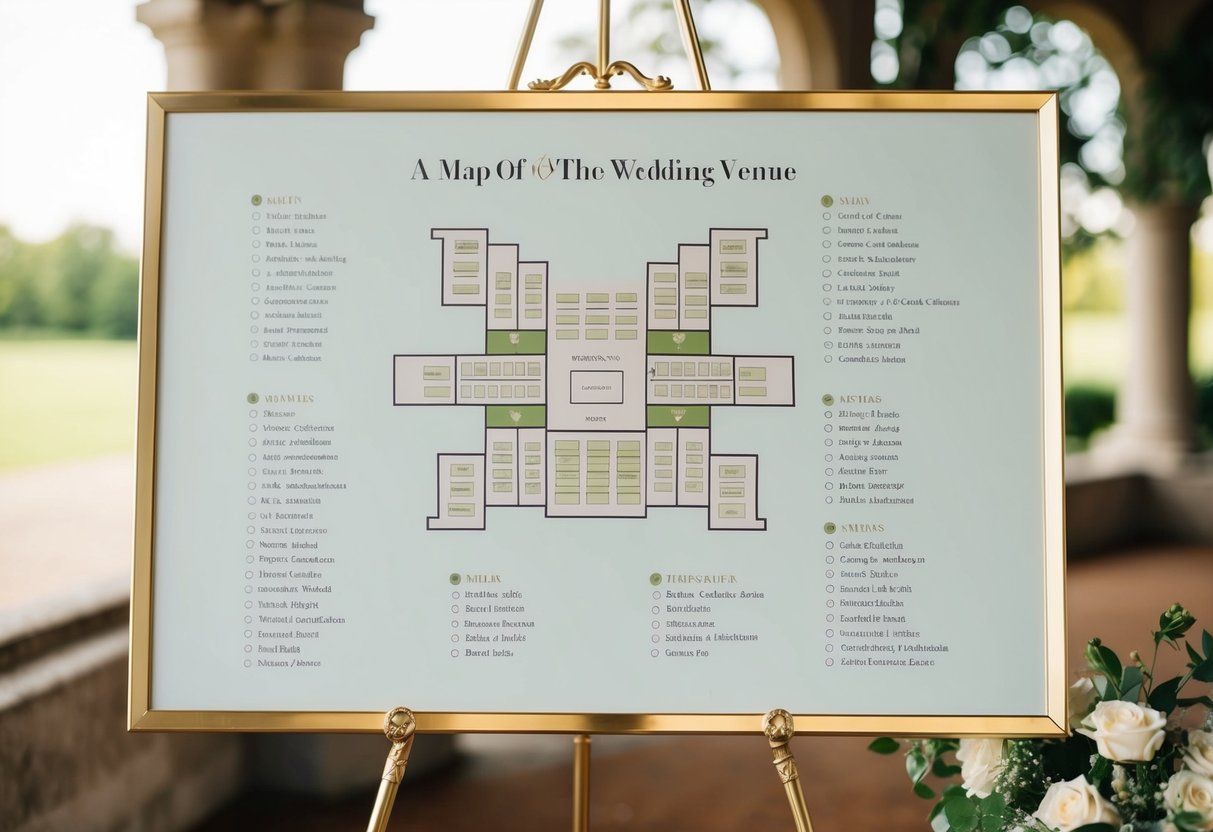 A map of the wedding venue with labeled seating areas and a list of confirmed guests from various locations