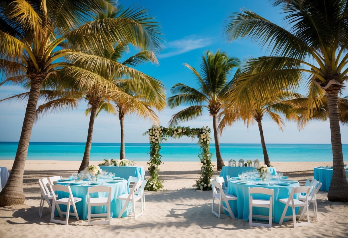 A beach with a wedding setup, surrounded by palm trees and clear blue water. Tables and chairs are arranged, with a scenic view in the background