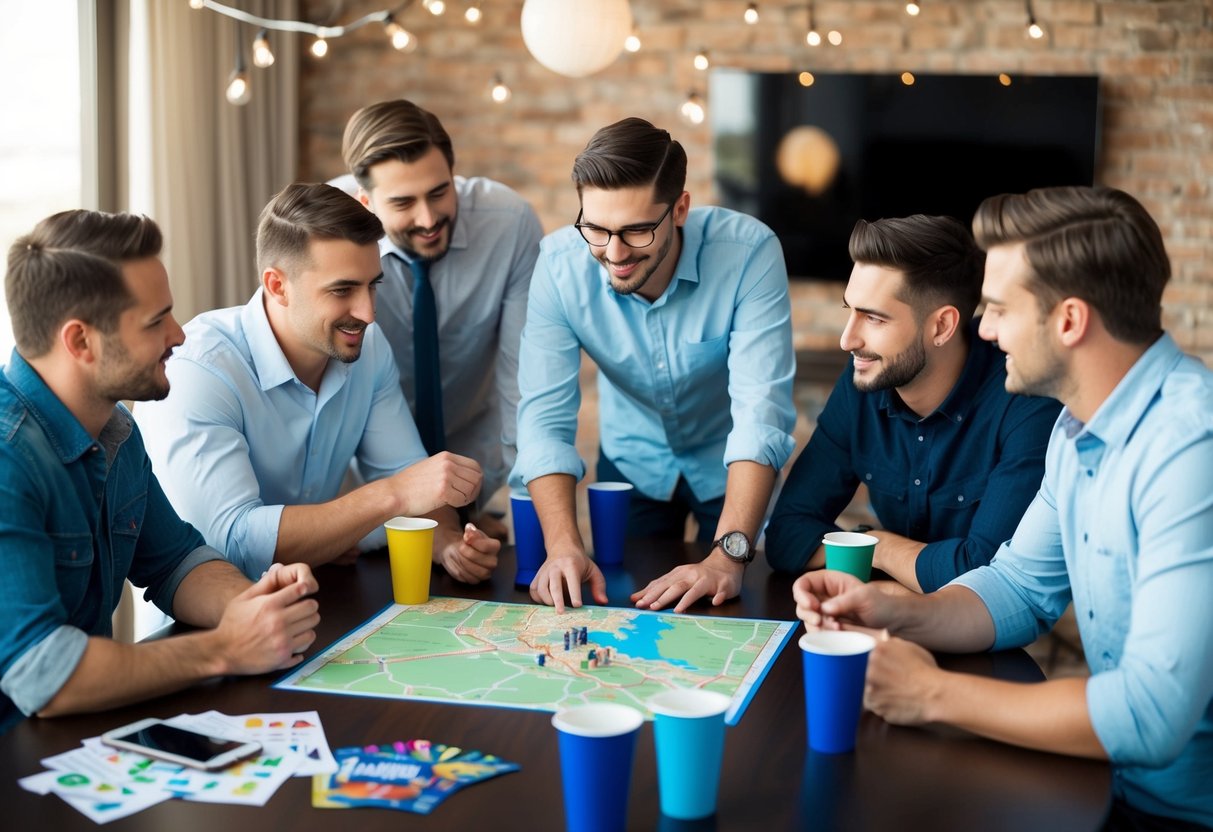A group of friends gather around a table, discussing and planning the details of a bachelor party. A map and various party supplies are spread out on the table