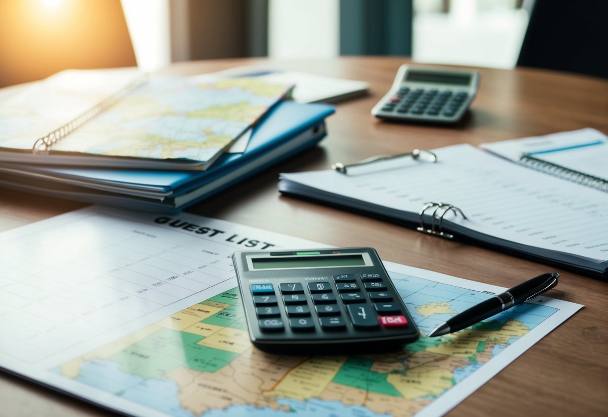 A table covered in a map, calendar, and guest list with a calculator and pen