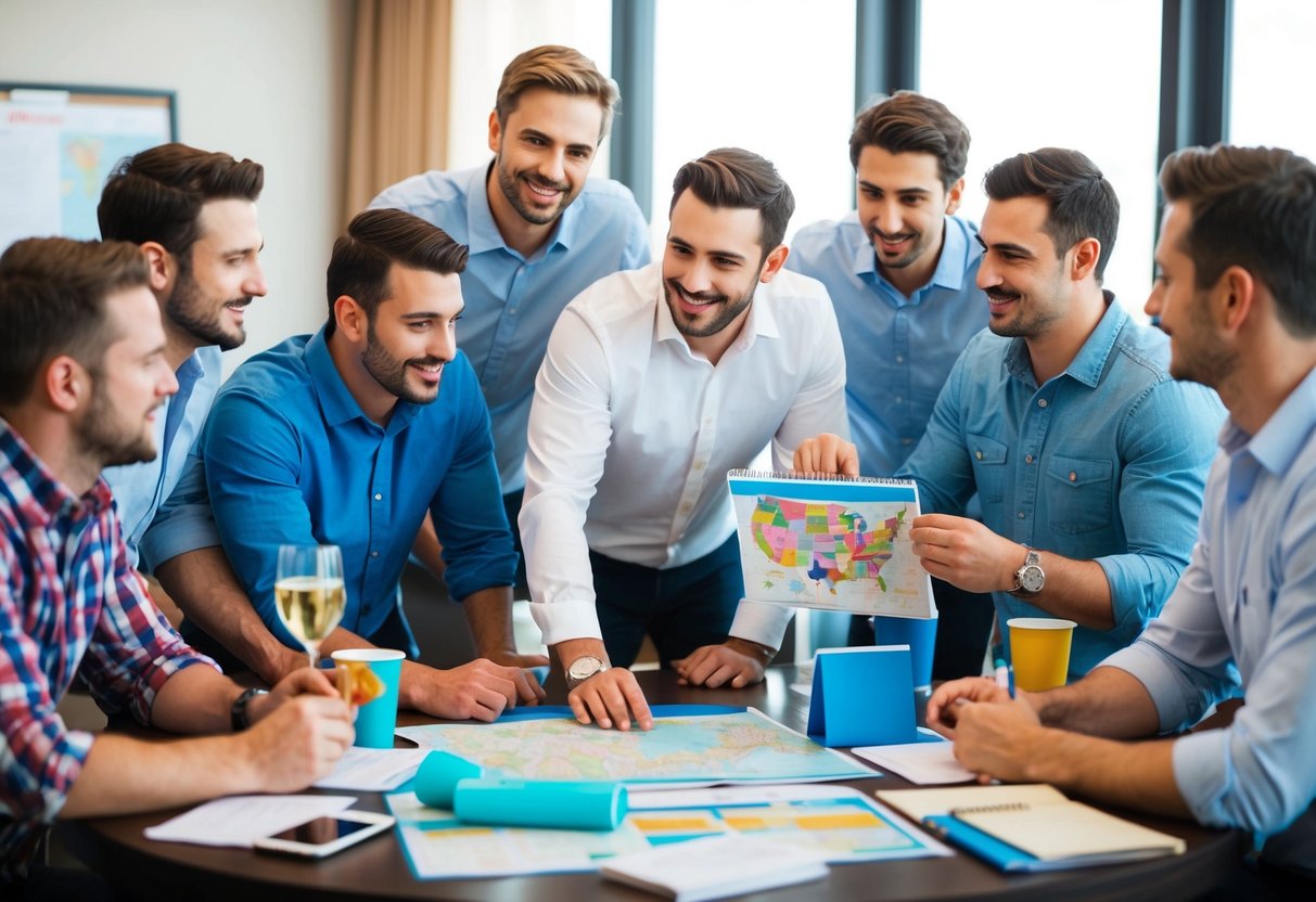 A group of men gather around a table, discussing and planning a bachelor party. Maps, calendars, and party supplies are spread out in front of them