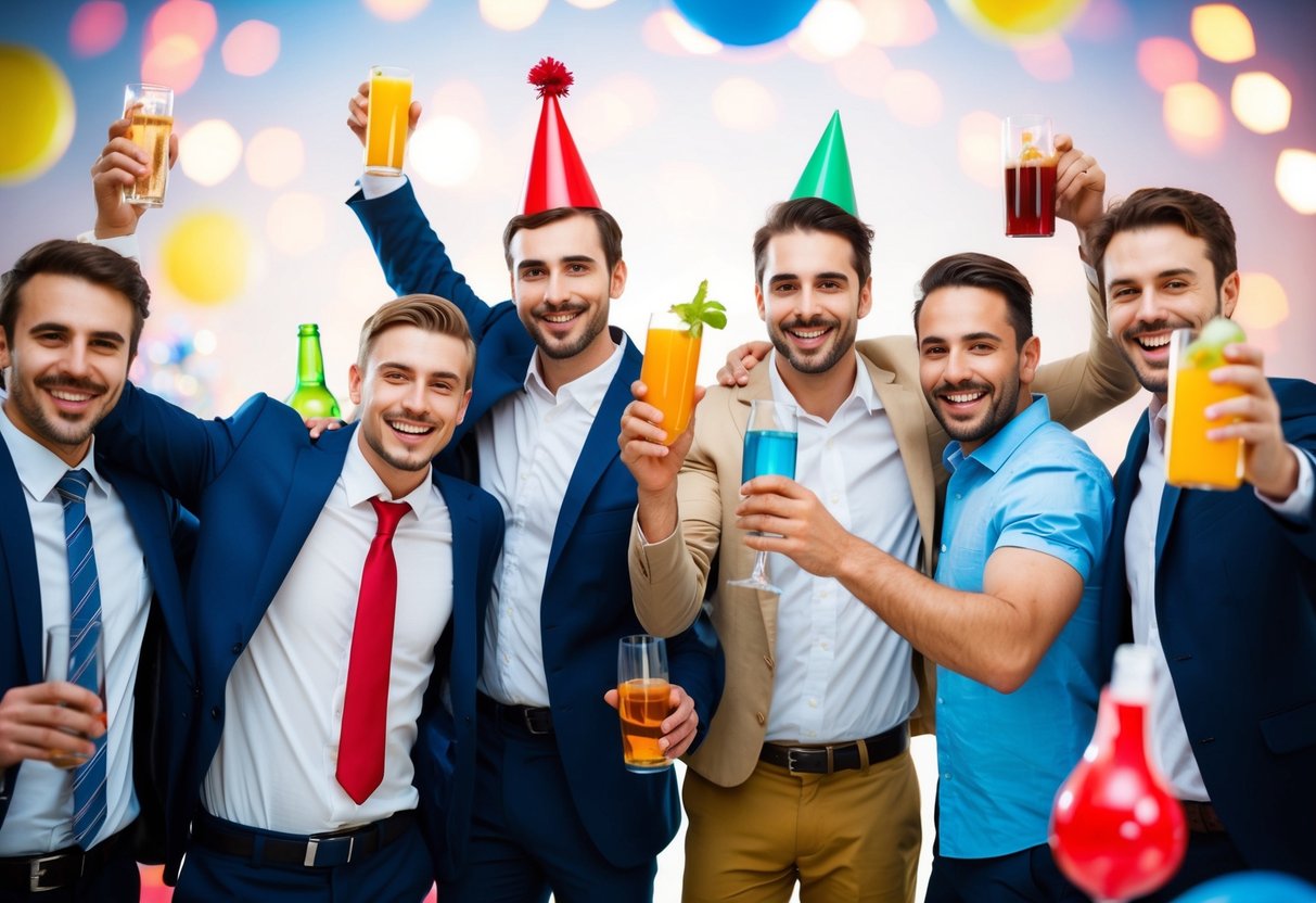 A group of male symbols celebrating with drinks and party accessories