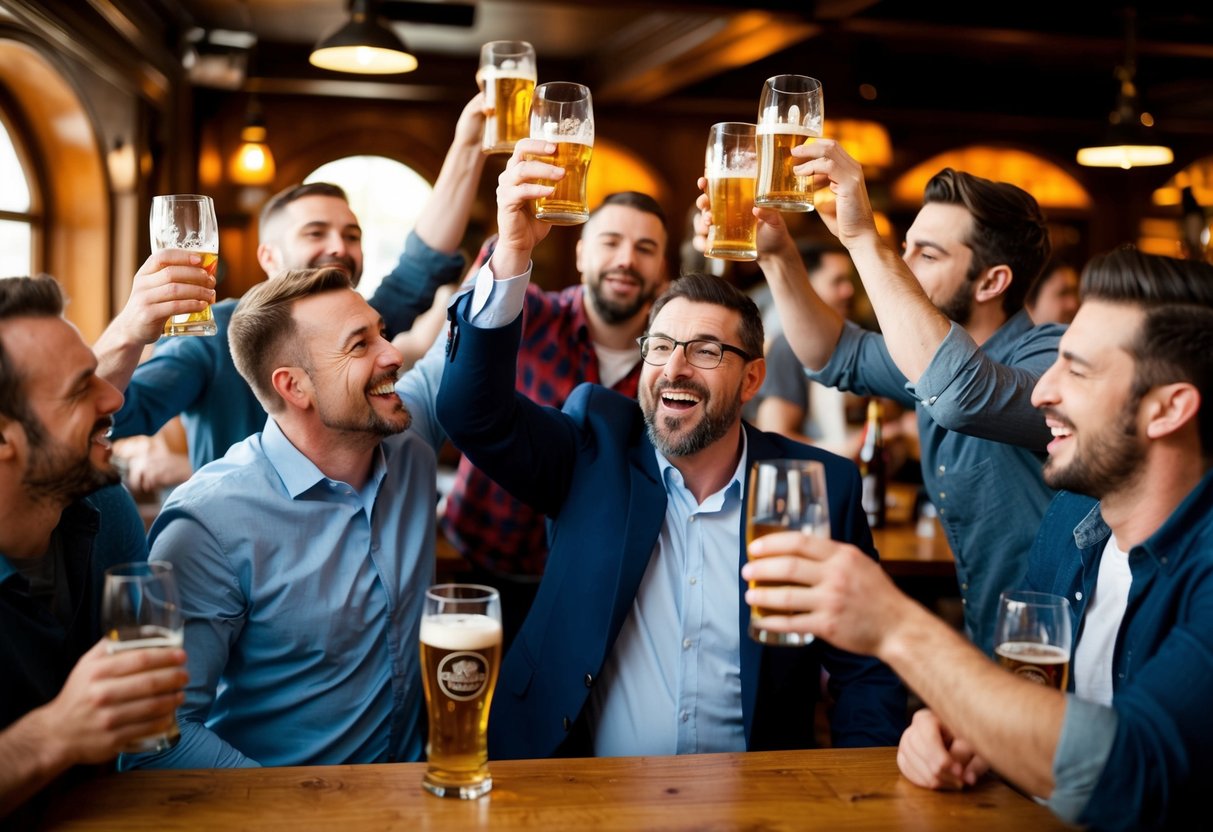 A group of men cheering and raising their glasses in a lively pub, while the center figure, a dad, is being playfully teased by his friends