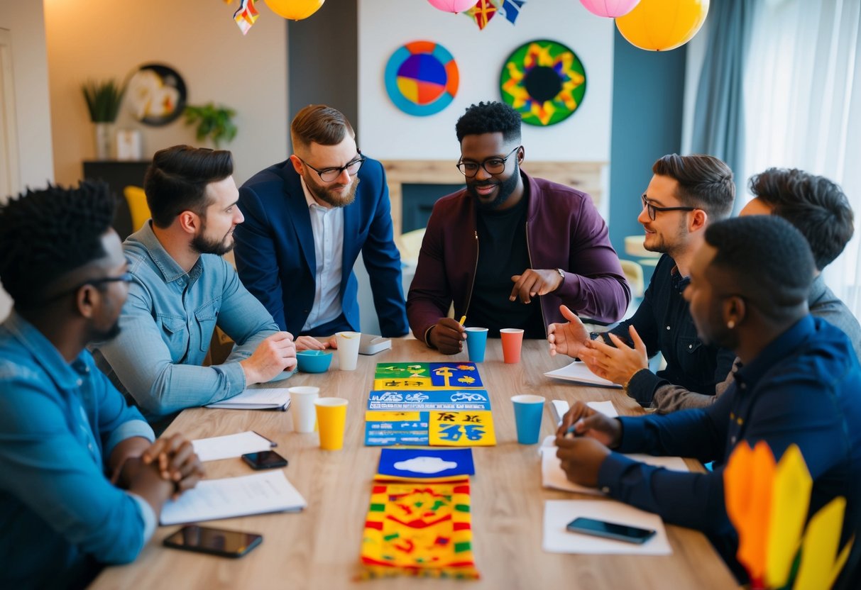 A group of diverse individuals gather around a table, discussing plans for an inclusive stag do. A variety of cultural symbols and decorations are present