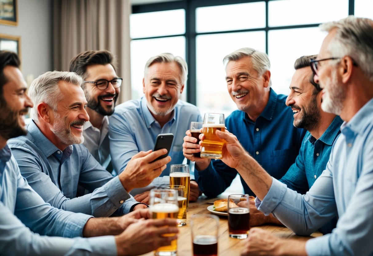 A group of men of different ages gather around a table, sharing stories and laughter. A younger man holds a smartphone while an older man raises a toast with a beer