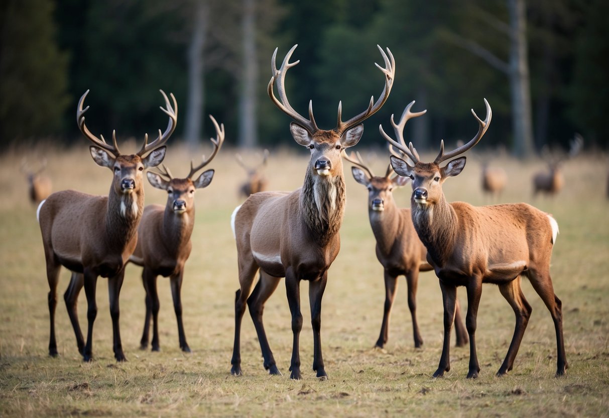 A group of stags standing in a forest clearing, with one dominant stag asserting its authority over the others
